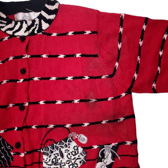 VTG 90s Janes Closet Knit Cardigan Sweater Embellished Purse Shopping Zebra Heel - Picture 3 of 8